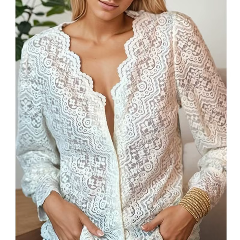 Chemisier en dentelle florale blanche élégante pour femmes, chemises Boho, manches longues, Sexy, col en V, Vintage, dames, chemise décontractée en Y