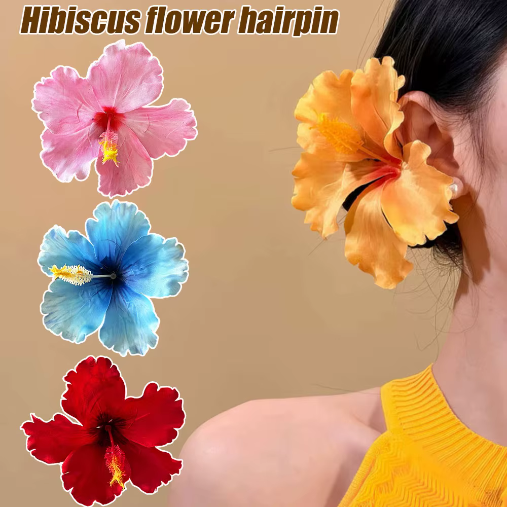 Pince à cheveux fleur d'hibiscus, barrette florale tropicale hawaïenne, accessoires de cheveux bohèmes pour femme, pour l'été, la plage, les vacances, les mariages