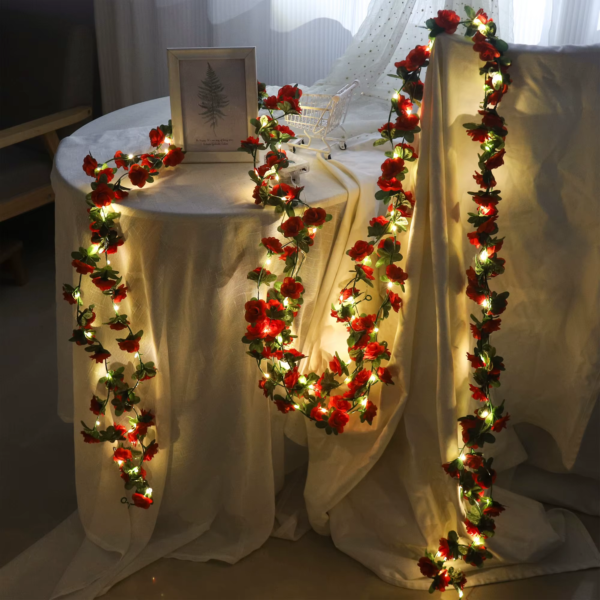 Rose LED lumières chaîne fleurs artificielles feuilles de lierre guirlande de mariage maison chambre décoration arc suspendu mur jardin fête décor
