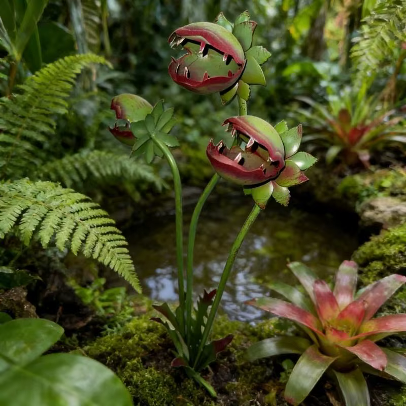 Sculpture plante mangeuse d'insectes en métal fabriquée à main pour les décors jardin ajoute charme à quel