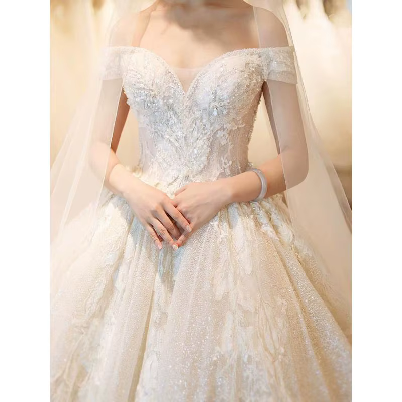 Robe de mariée principale une épaule mariée longue feu arrière robe de mariée ciel étoilé Super immortel spectacle robe mince personnalisée