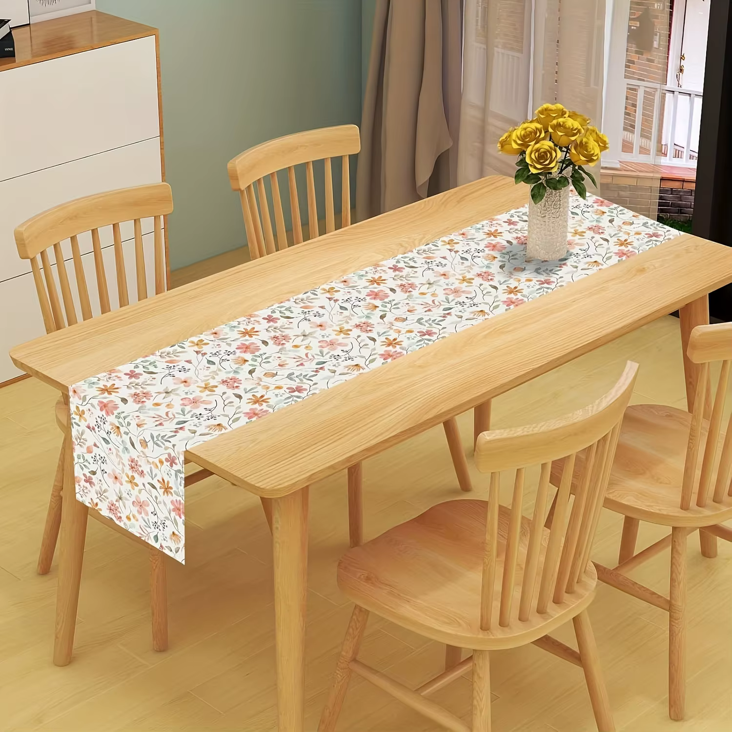 Chemin de table en lin à motif floral printanier - Décoration florale pour cuisine et salle à manger style ferme