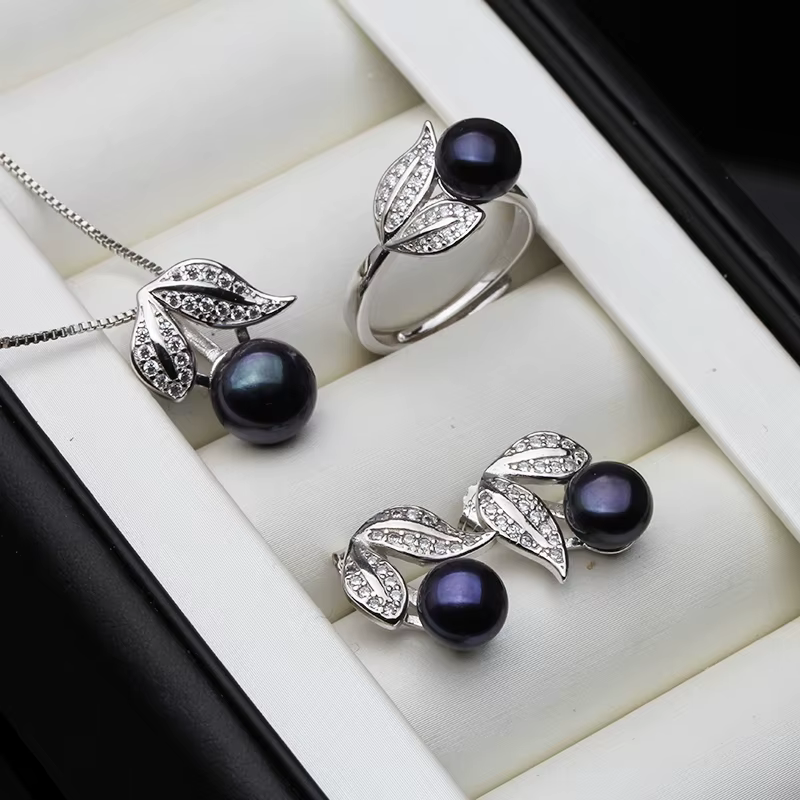 Véritable perle bague collier boucles d'oreilles pour les femmes, naturel d'eau douce blanc perle ensemble de bijoux 925 en argent Sterling ensembles de bijoux cadeau