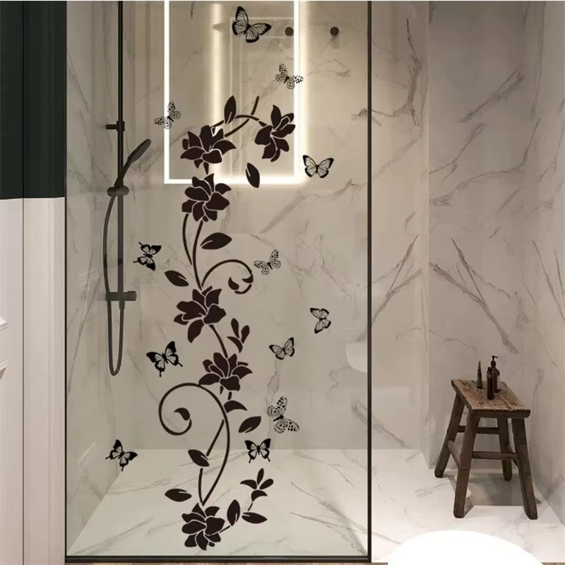 Autocollant mural papillon fleur noir