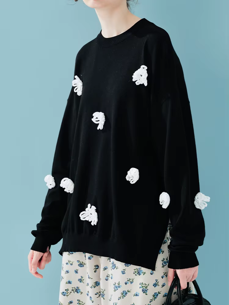 IMAKOKONI – pull blanc pour femmes, avec patchs de fleurs 3D, décontracté, amusant, mignon, ample, à la mode, automne et hiver ﻿