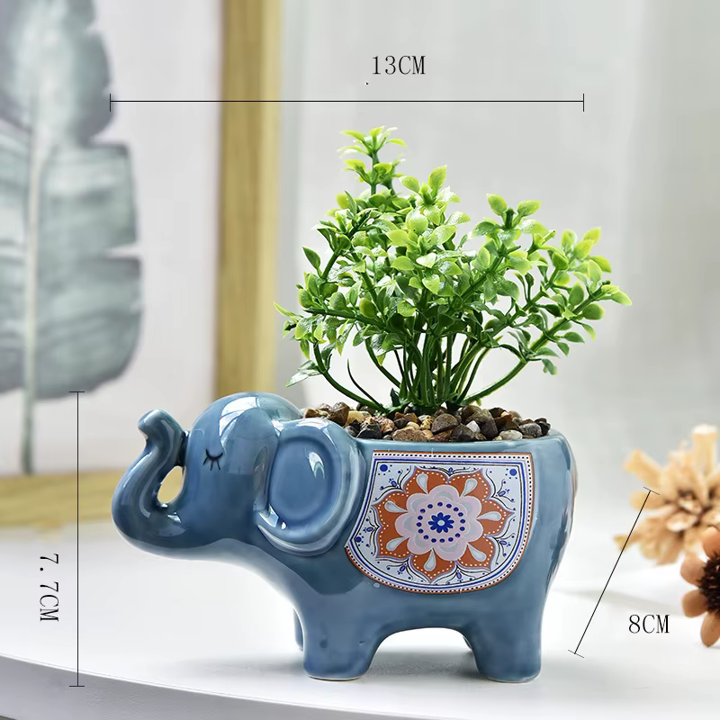 Pot de fleurs créatif en céramique en forme d'éléphant pour plantes succulentes avec trou de drainage
