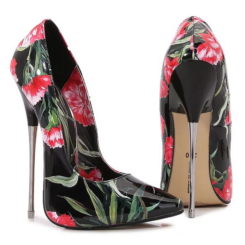 Chaussures à talons hauts en métal à fleurs roses pour femmes, escarpins à bout pointu pour boîte de nuit, fête, pub, banquet, podium, travestissement, literie