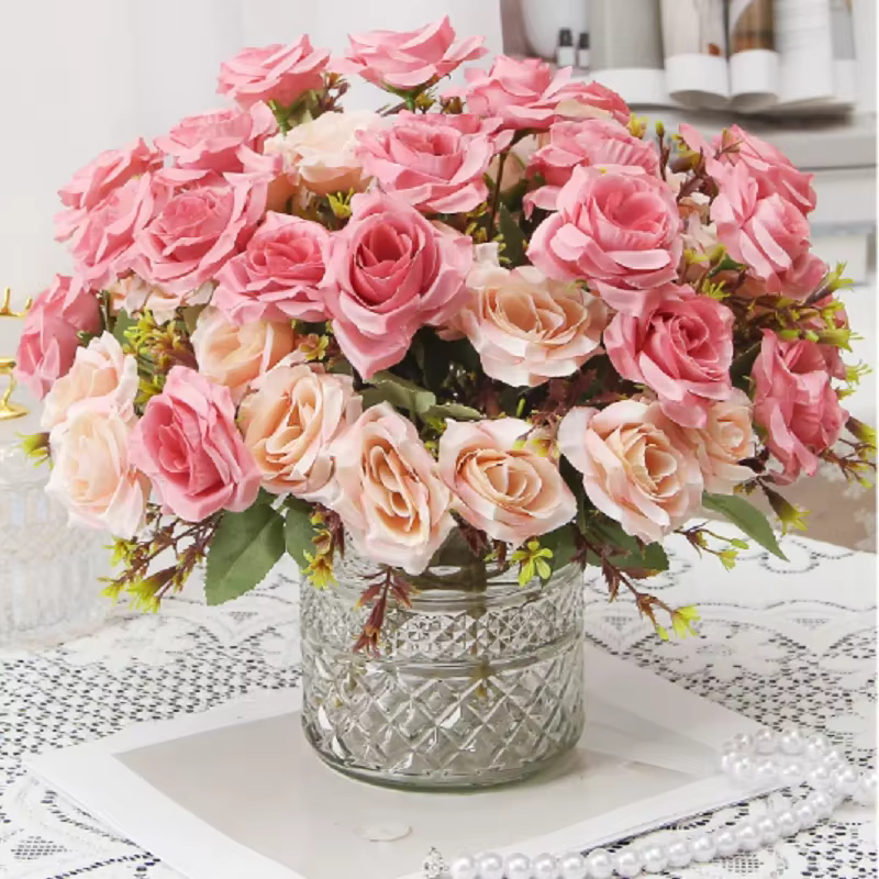 Vert Aloes 2 pièces fleurs artificielles soie Rose Bouquet chambre décoration fausse fleur Simulation parfumé miel blanc Roses
