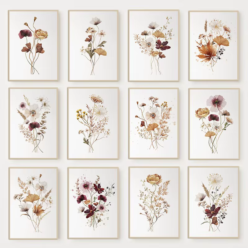 Affiche de bouquet de fleurs sauvages en aquarelle, peinture sur toile botanique florale minimaliste neutre, art mural bohème pour la décoration de la maison