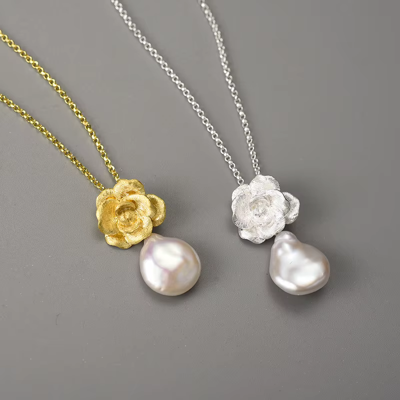 Lotus Fun – collier avec pendentif en forme de fleur de camélia pour femmes, perles baroques naturelles françaises, chaînes en argent Sterling 925 véritable, bijoux fins