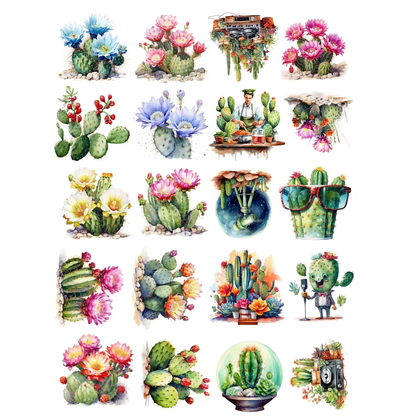 1 paquet d'autocollants mignons de cactus du désert dessinés à la main en aquarelle pour carnet