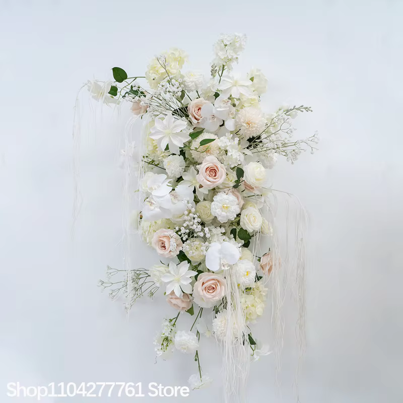Arrangement floral blanc Rose hortensia plancher artificiel rangée de fleurs toile de fond de mariage souffle de bébé événement fête guide routier affichage