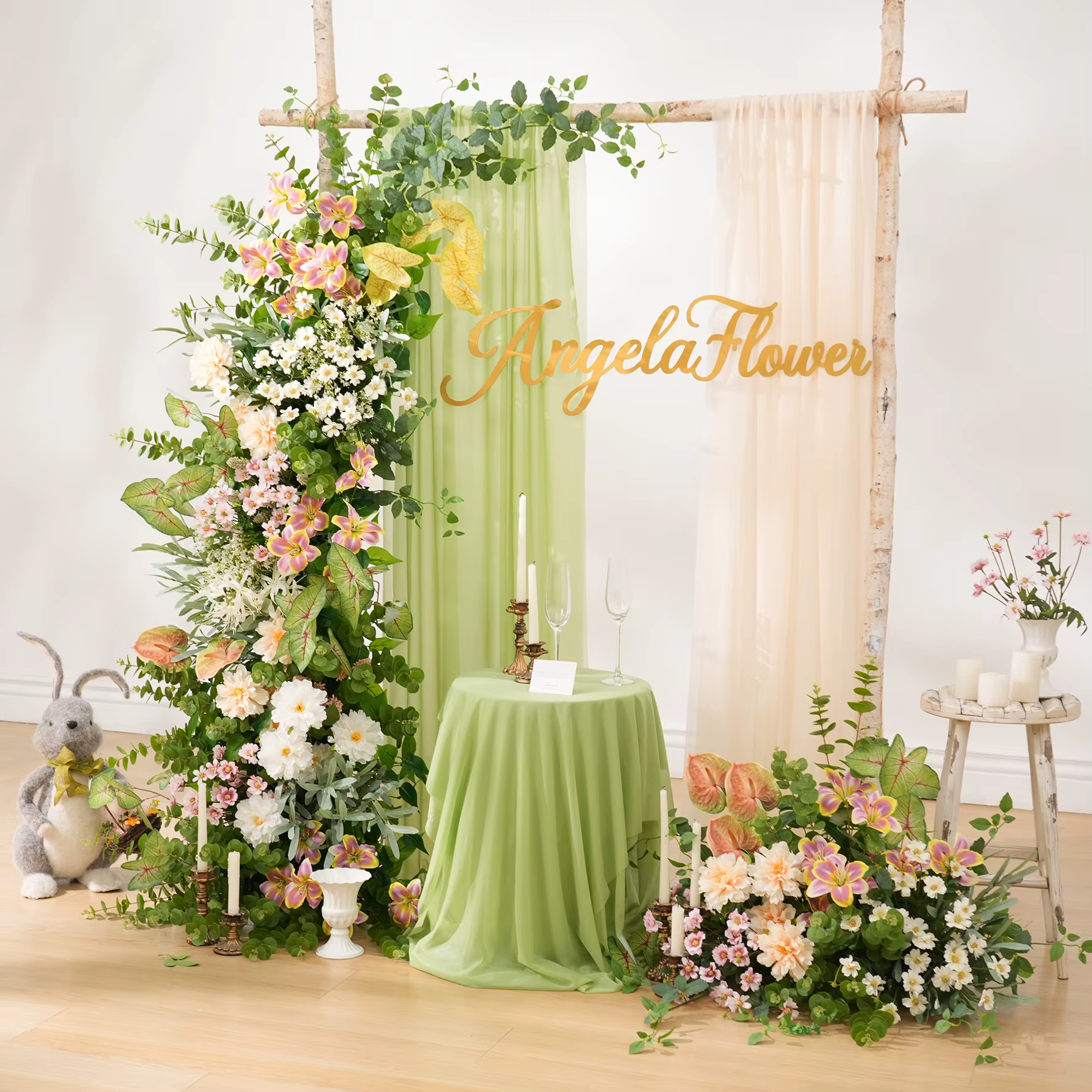 Angela fleur A9028 verdure tropicale Lily Arrangement Floral toile de fond de mariage corne arc décor événement scène sol fournitures de fleurs