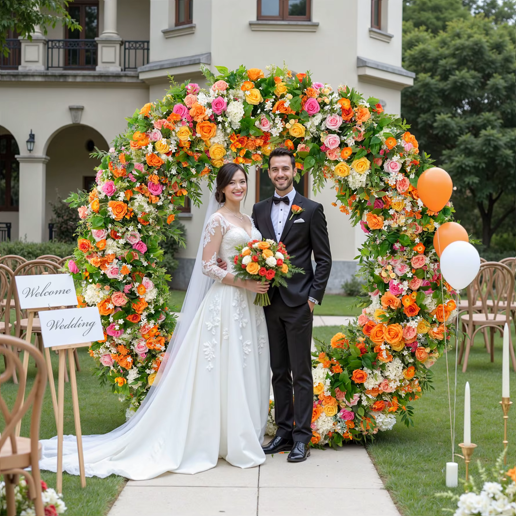 A8935 Orange rose vif verdure Arrangement de fleurs Table canapé chemin rangée florale événement fête mariage toile de fond décor accessoires