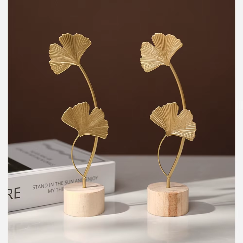 Feuille de Ginkgo métallique dorée, modèle de plume, ornement artisanal de bureau, accessoire Photo, décoration de salon de maison
