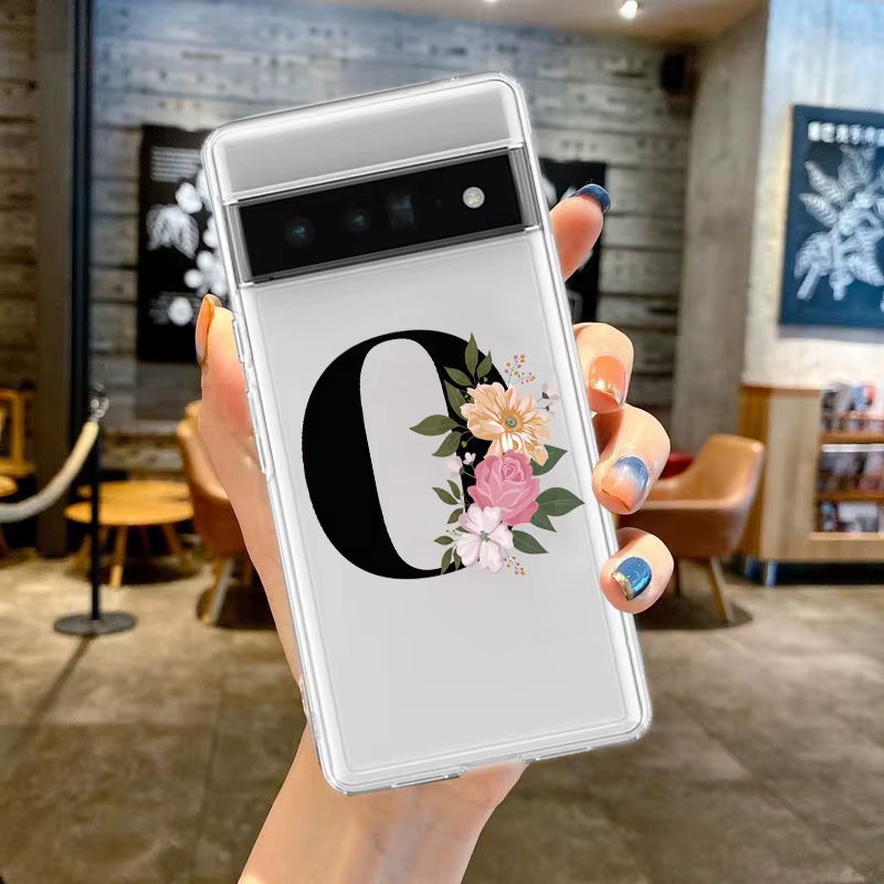 Coque de téléphone transparente en silicone souple antichoc avec lettres de fleurs S, coque pour Google Pixel 9 Pro XL 8 7 6 Pro 8A 7A snap5 4 5A 4A 3A XL 5G