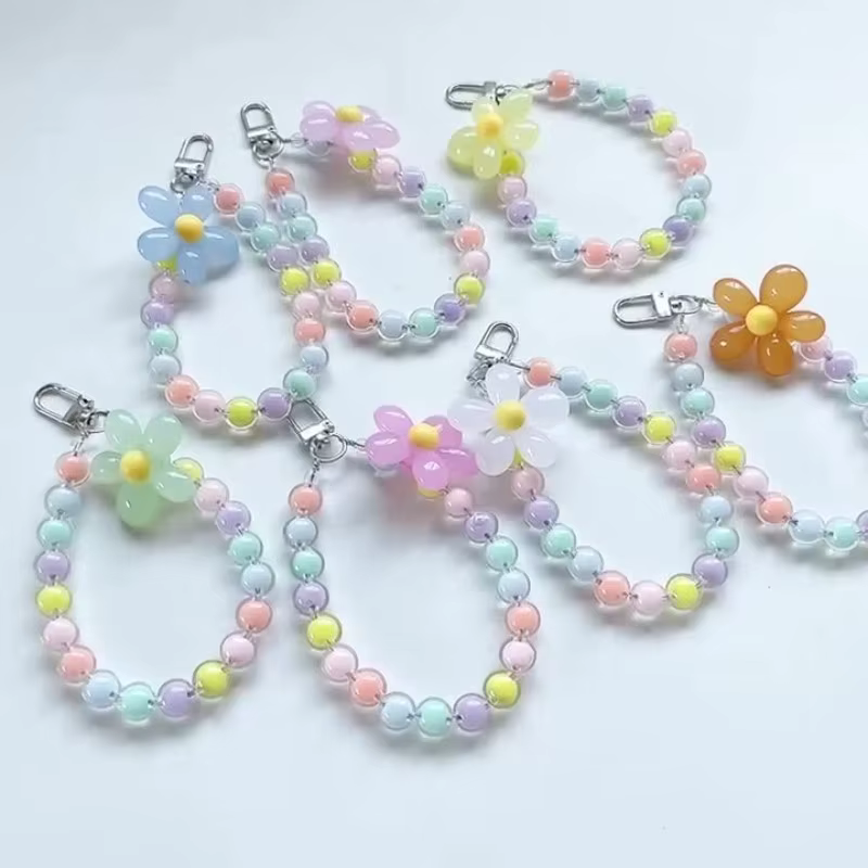 Porte-clés à fleurs colorées, chaîne perlée, accessoires pour téléphone, pendentif Anti-perte, lanière à main, pendentif de poignet