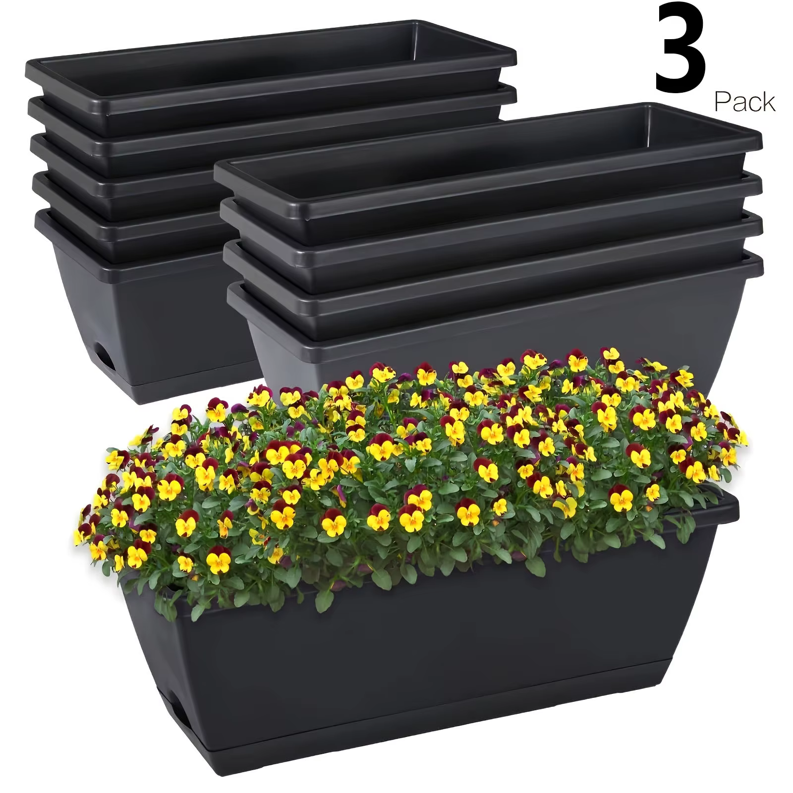3 pièces fenêtre boîte planteur Rectangle plante conteneurs décors avec trous de Drainage Pot de fleur Pot