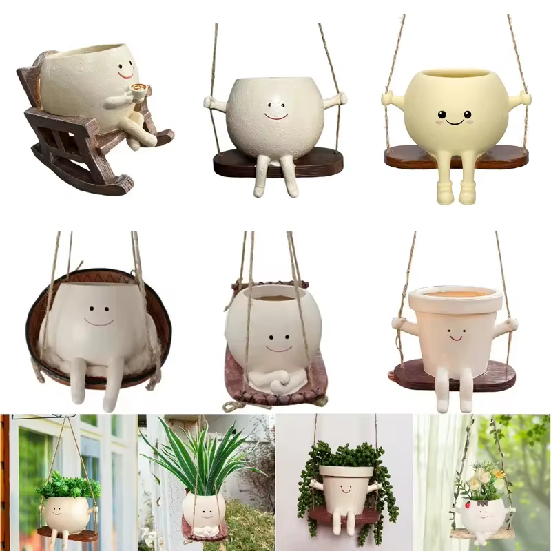 Pot de fleurs créatif en forme de tête de personne assise sur une balançoire