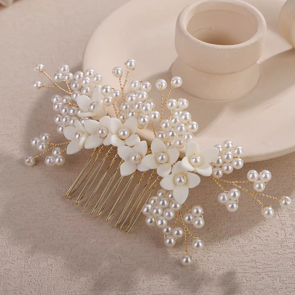 Peigne à cheveux fleur perlée pour femme, fait à la main, argent, accessoires de cheveux de mariage, pièce de sauna bidal floral doré, bijoux de fête de mariée