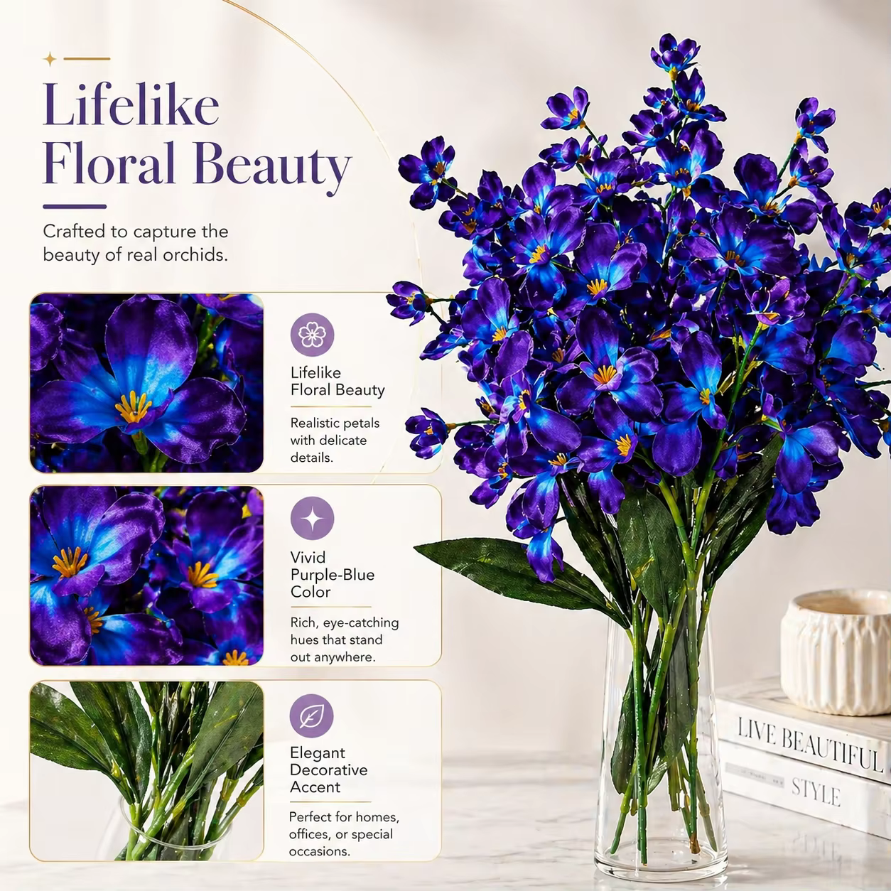 5 pièces de fleurs d'orchidées artificielles violettes et bleues de 27 pouces pour bouquet de mariage