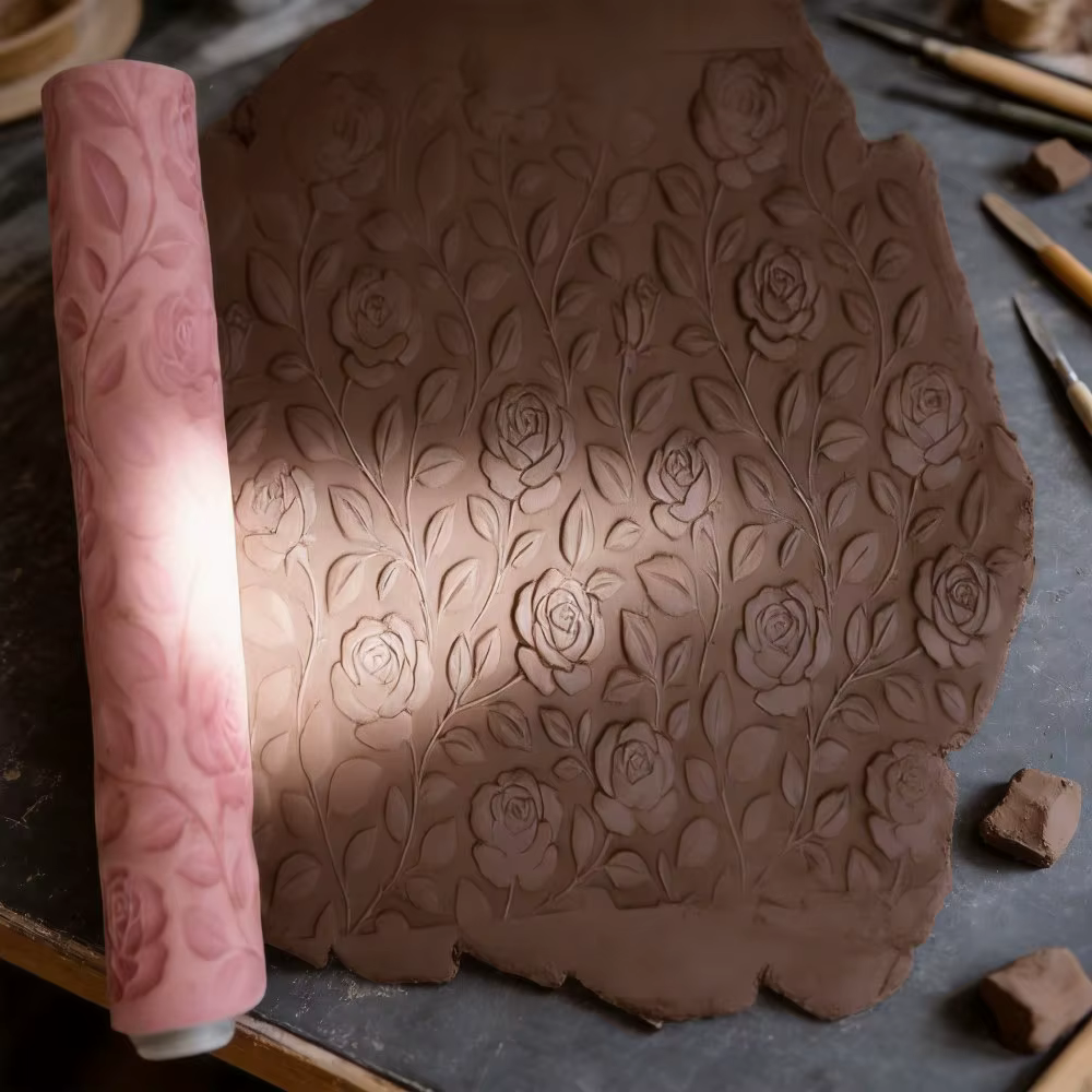 Rouleau de texture en relief motif floral Rose Sauvage pour poterie DIY