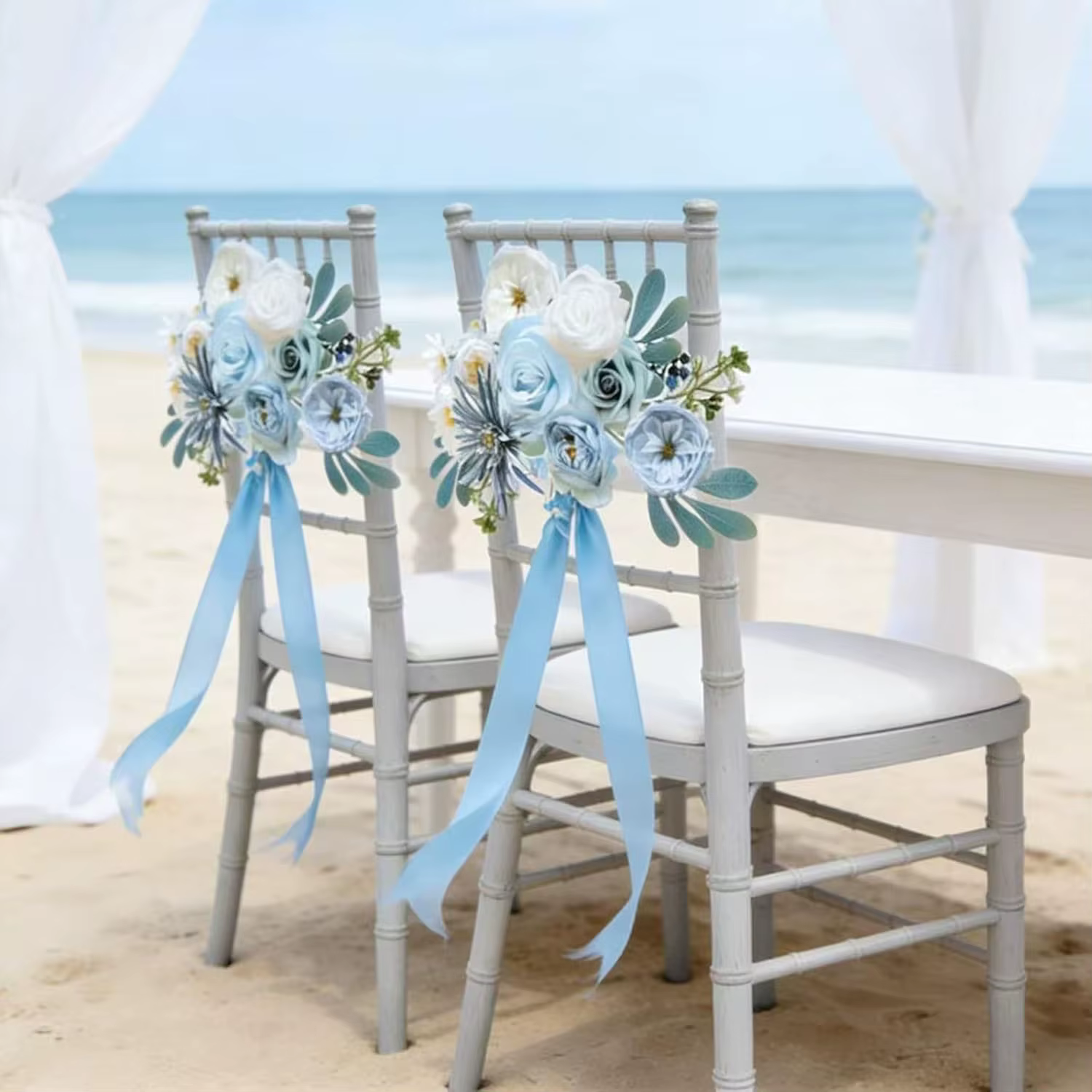 Boîte de fleurs artificielles bleu océan avec tiges pour bouquets de mariage DIY