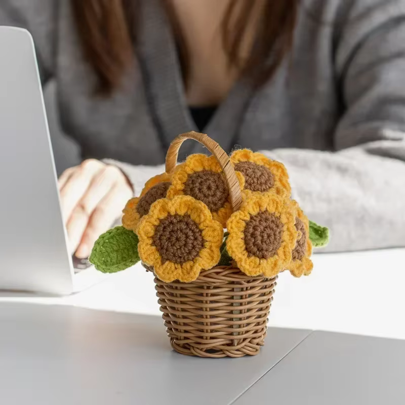 Crochet fleur mignon fini tissé tournesols en pot tricoté à la main