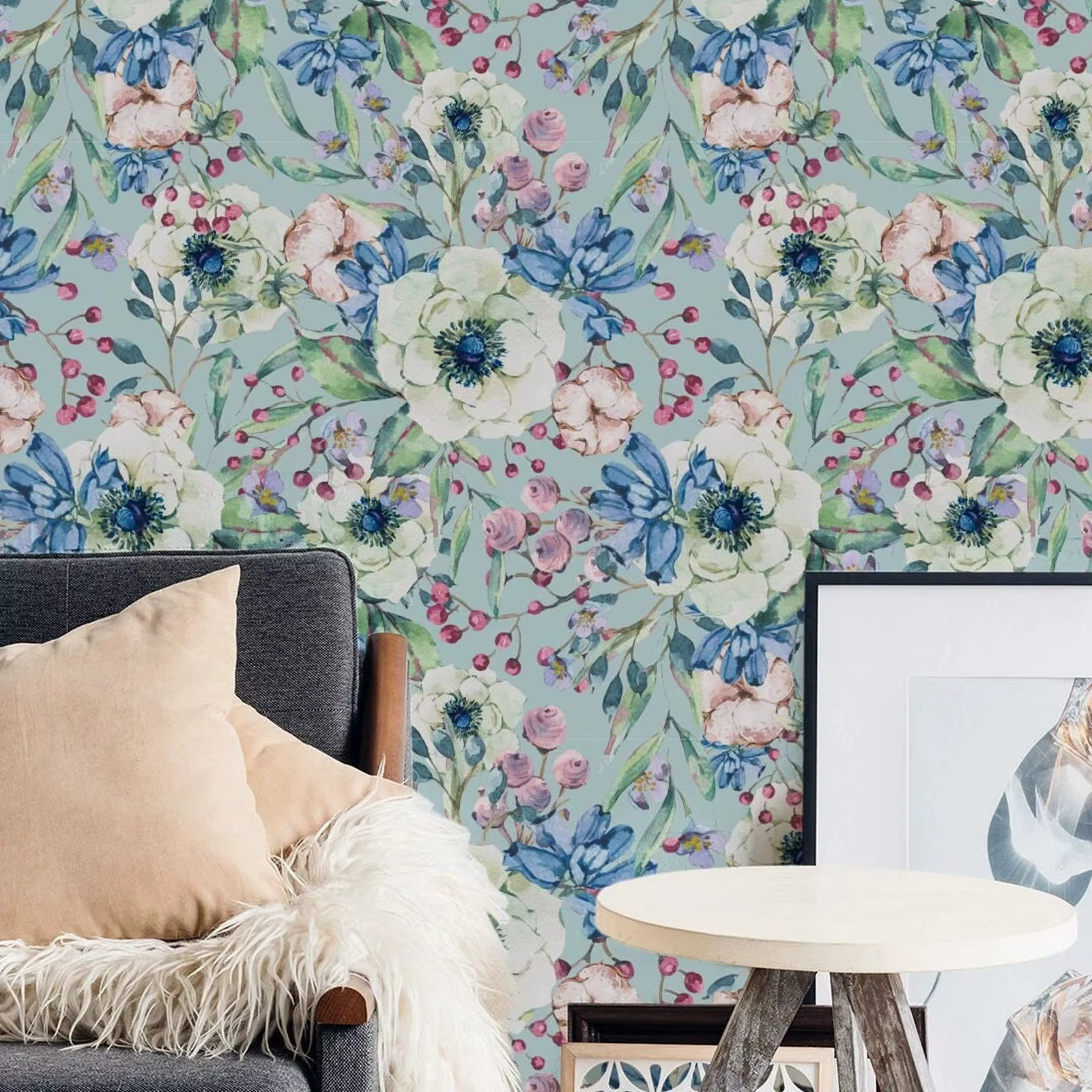 Papier peint auto-adhésif à fleurs bleues