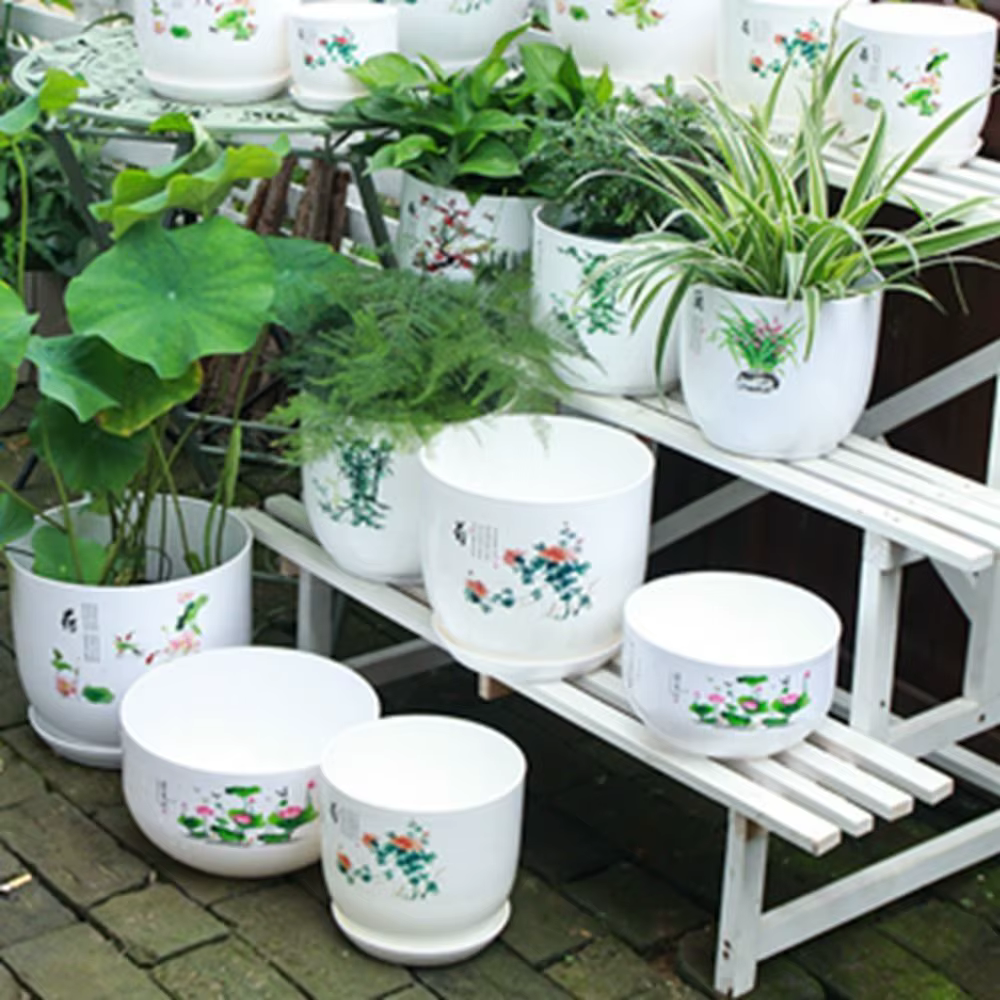 Pot de fleurs en plastique extra large blanc avec plateau