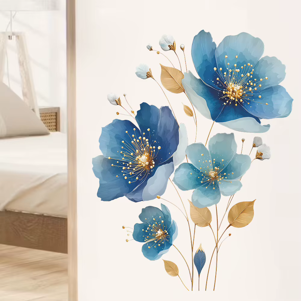 Autocollant mural floral bleu doré.
