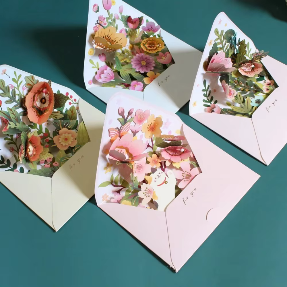Carte postale à fleurs pop-up 3D avec enveloppe