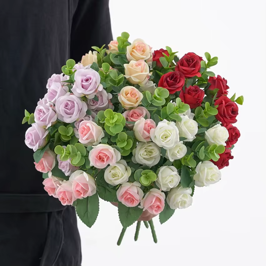 Fleurs artificielles Vase Maison Chambre Decorat Jardin En Plein Air Festival Feuilles D'eucalyptus Faux Plantes Mariage Brial Soie Roses Bouquet