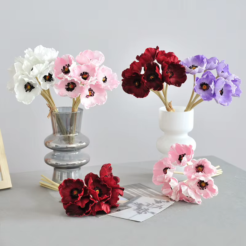 6pcs Branche de fleur de pavot de maïs au toucher réel Papaver Rhoeas artificiel pour bouquet de mariage décoration florale