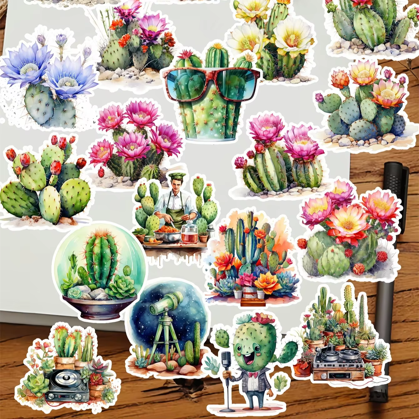 1 paquet d'autocollants mignons de cactus du désert dessinés à la main en aquarelle pour carnet