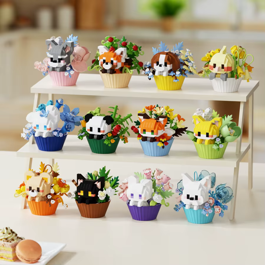 Ensemble de blocs de construction d'animaux et de plantes en pot