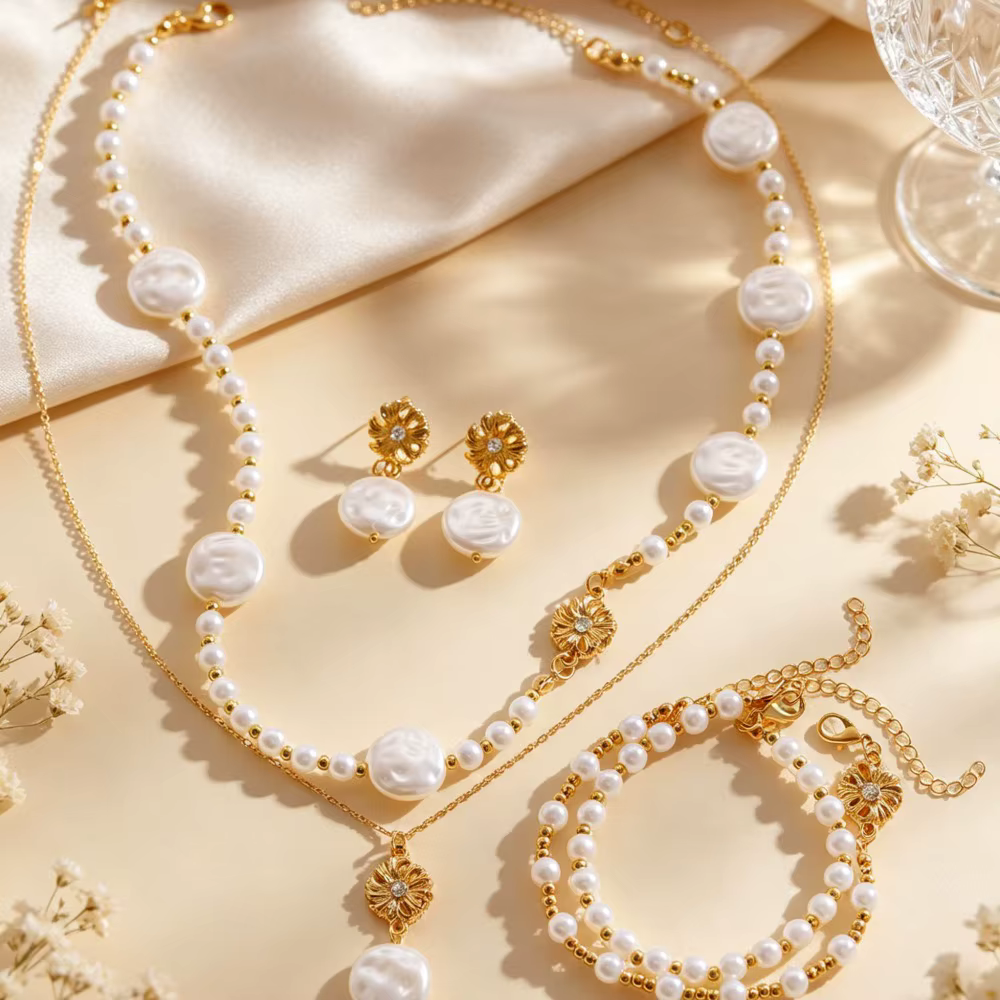 Ensemble collier, bracelet et boucles d'oreilles en perles baroques de luxe pour femmes, idéal pour les banquets et les soirées, bijoux élégants, cadeaux.