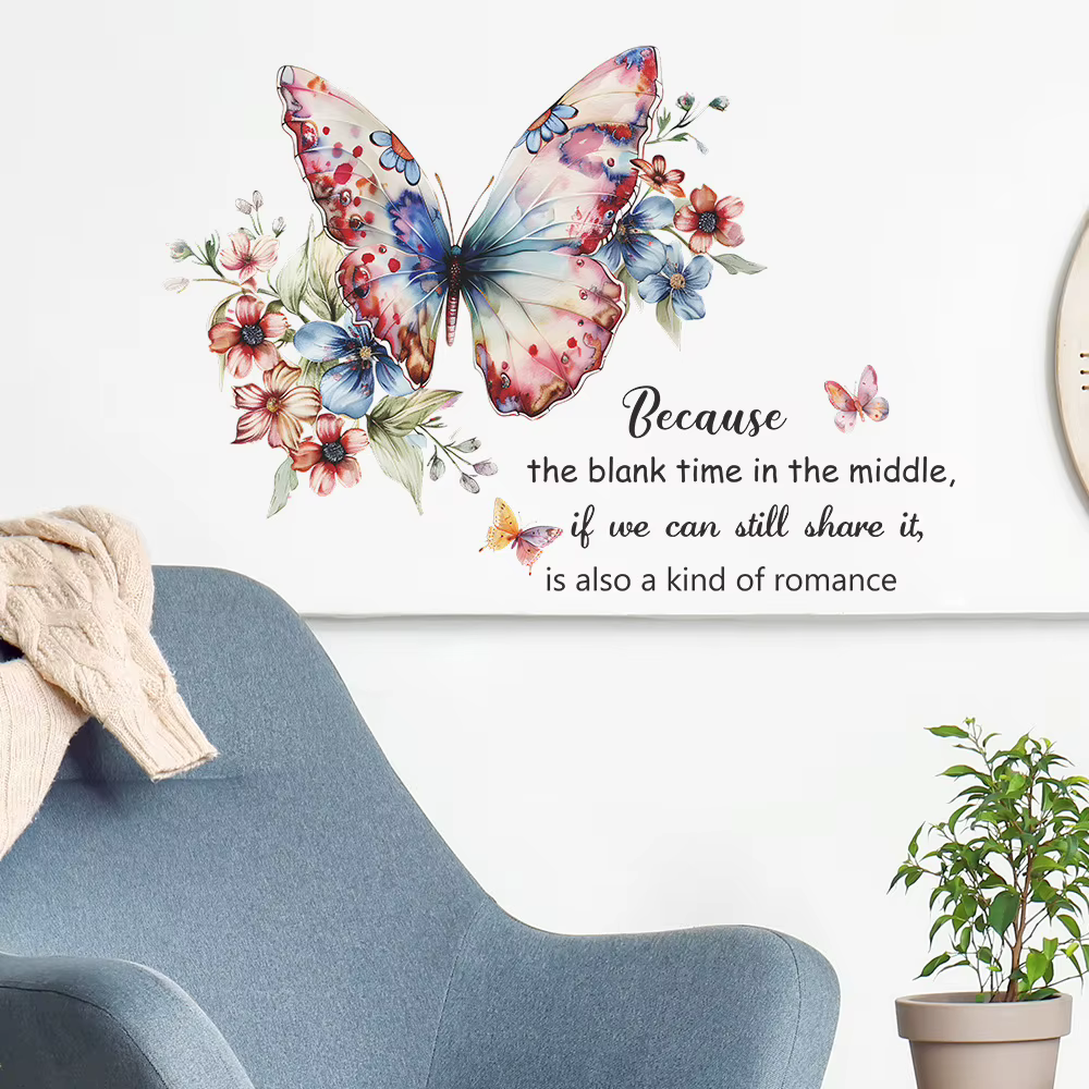 Autocollant mural anglais motif fleur et papillon