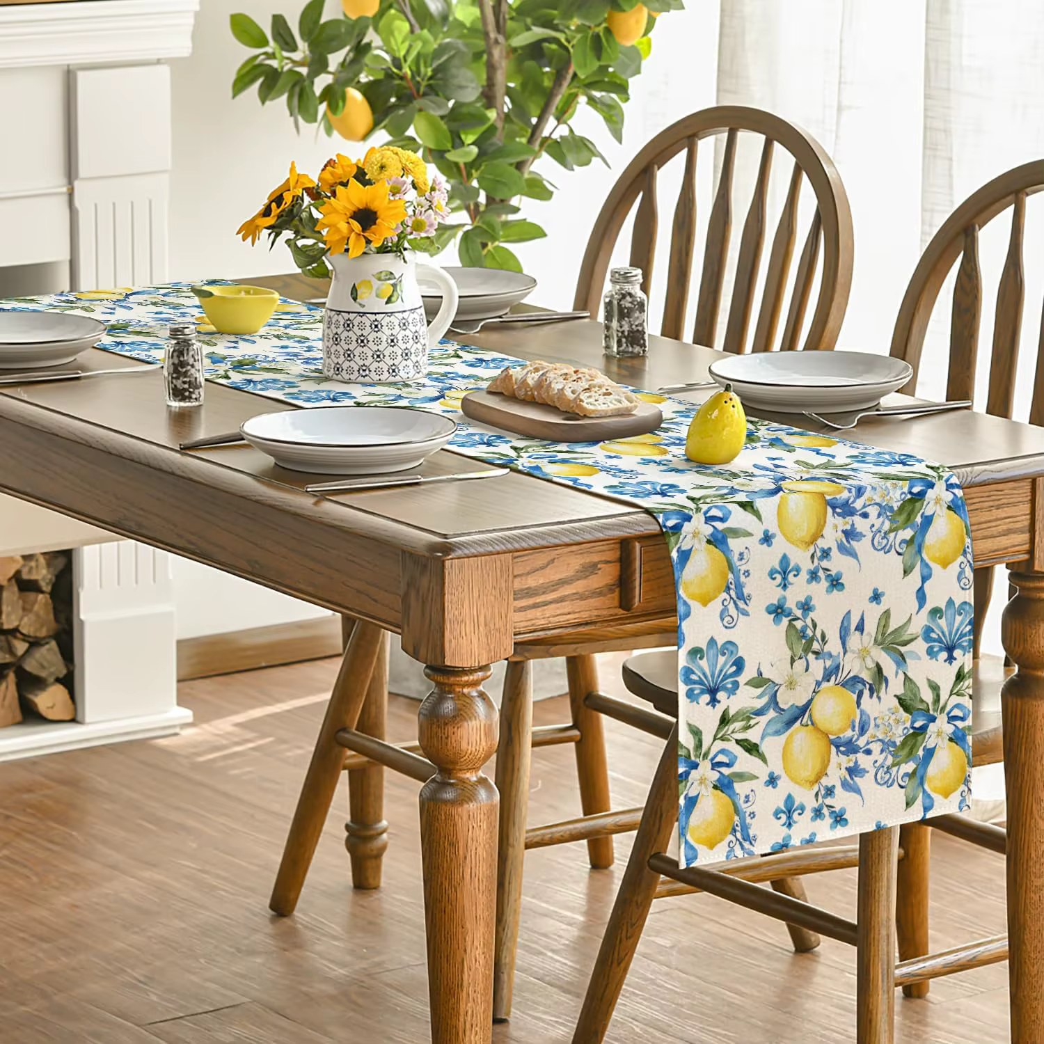Chemin de Table en lin bleu fleur de citron