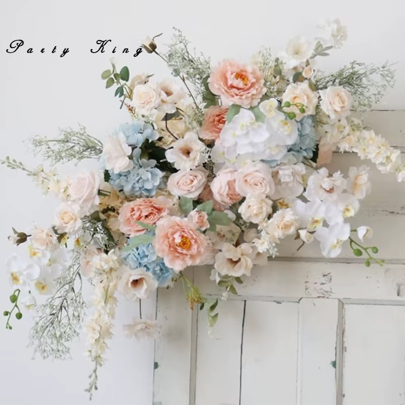 Blush blanc bleu clair fleurs artificielles décoration de mariage Pastel rose coin Swag arc fleur Arrangenmet Table pièce maîtresse