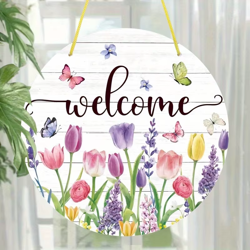 1 pièce, Panneau de bienvenue floral d'été en bois à suspendre