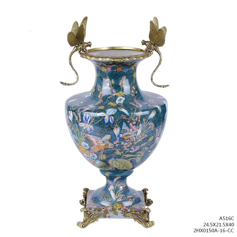 Pot vert en céramique de fleur en Bronze avec couvercle en laiton