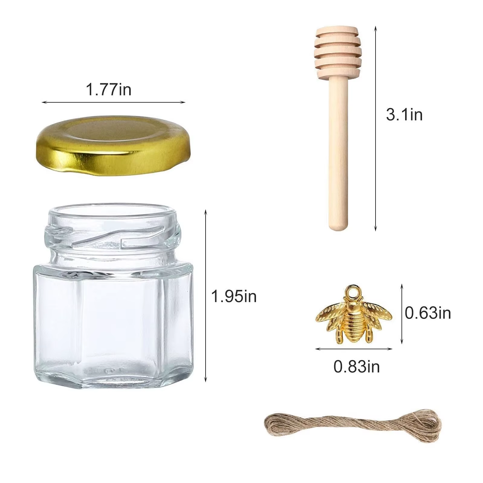 Mini ensemble de pots à miel hexagonaux en verre de 1,5 oz, avec cuillère à miel en bois, breloque abeille, ficelle de jute et toile de jute, réutilisable, cadeau pour mariage ou baby shower