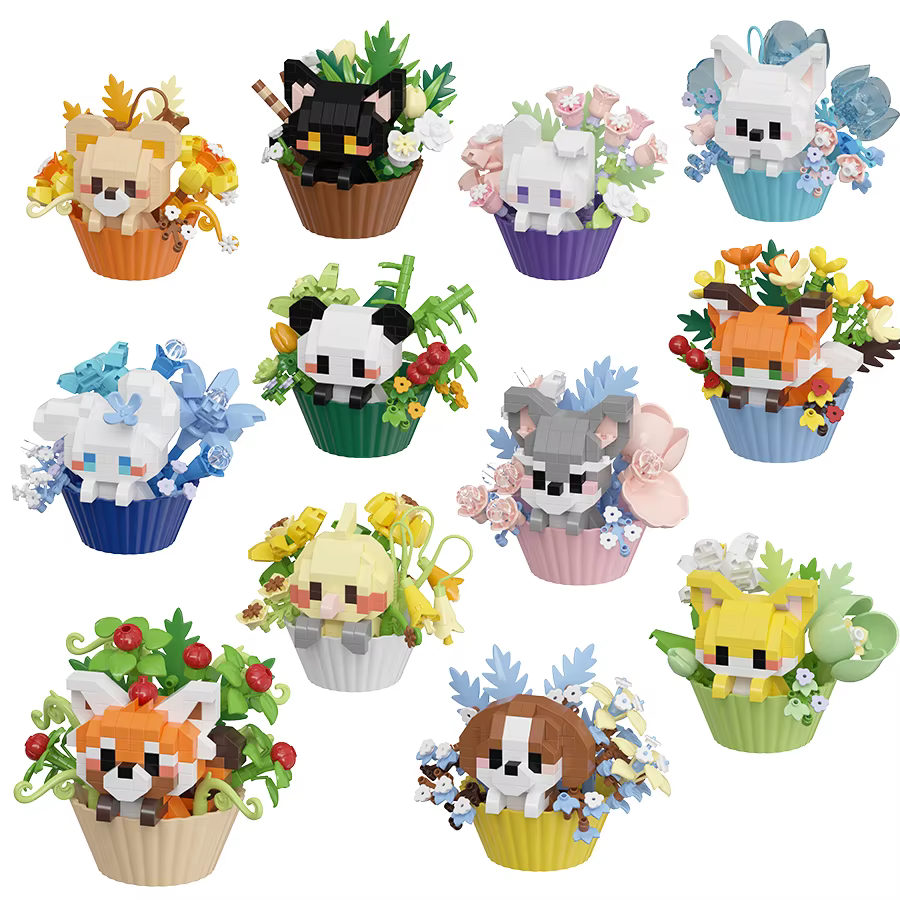 Ensemble de blocs de construction d'animaux et de plantes en pot
