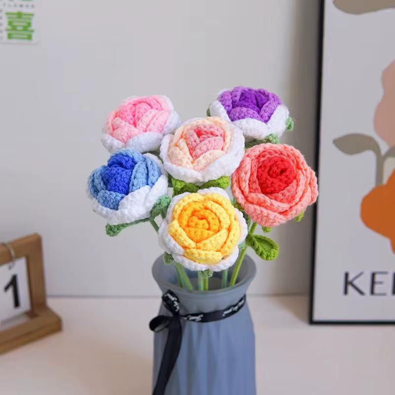 1/3 Pièces Fleurs Artificielles Roses au Crochet Faites à la Main Produits Finis pour Jardin Extérieur Mariage Bouquet de Mariée Fête à Domicile Cadeau DIY