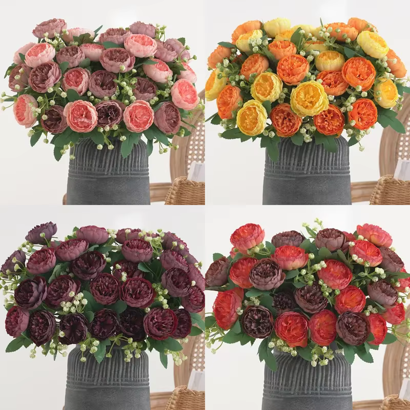 Fleurs artificielles d'aloès vert, 7 têtes, peinture à l'huile, Bouquet de pivoines, fausses fleurs en soie, Simulation de pivoines Orange, décoration de mariage