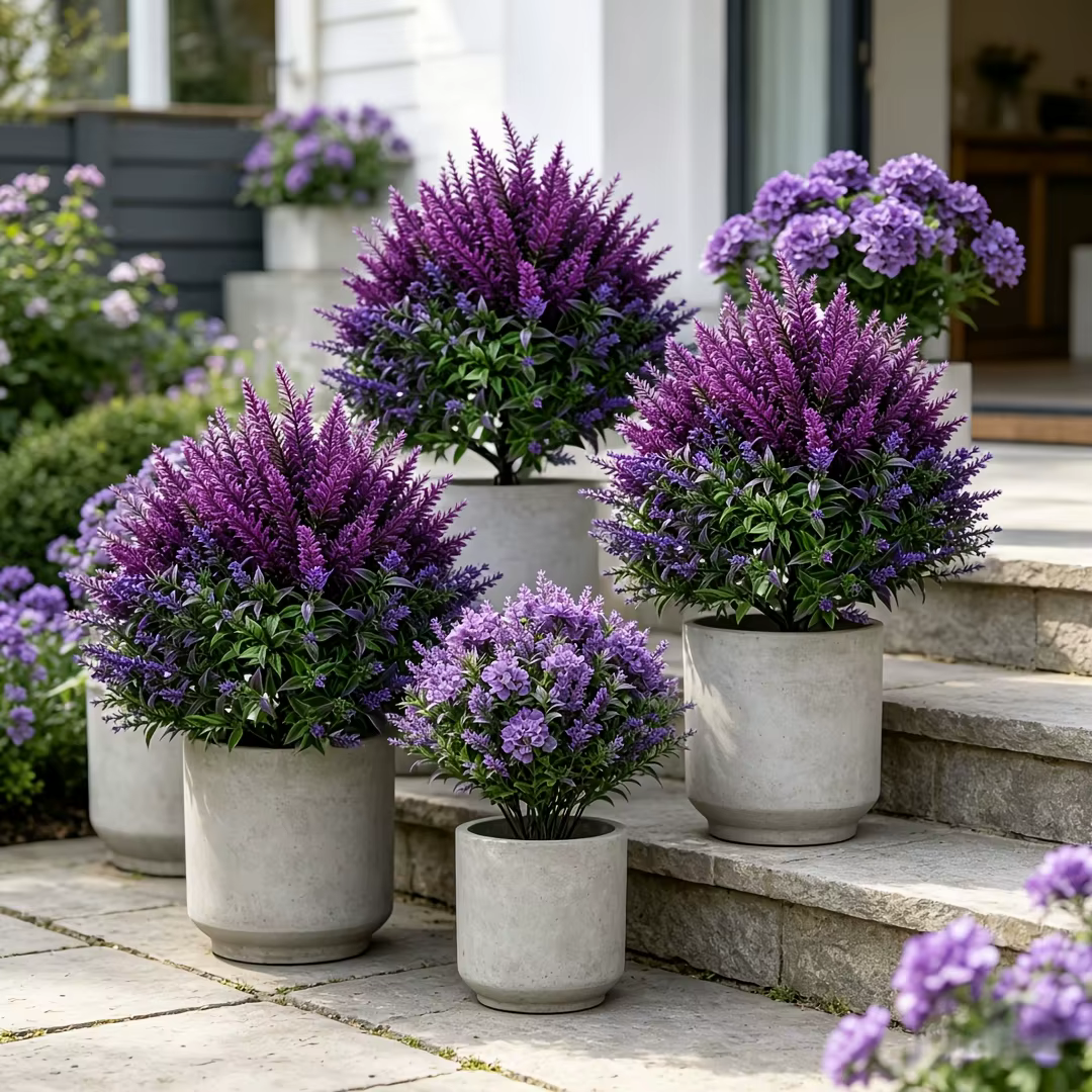 2/4 Pièces de lavande artificielle violette pour extérieur + combinaison d'épis de blé avec piquets de fixation au sol
