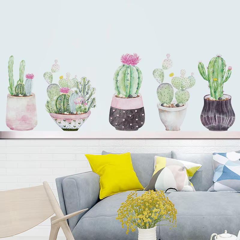 Autocollant mural en forme de cactus vert de dessin animé