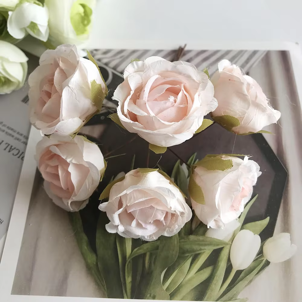 Bouquet de 6 petites roses artificielles rétro en rayonne de style européen pour mariage