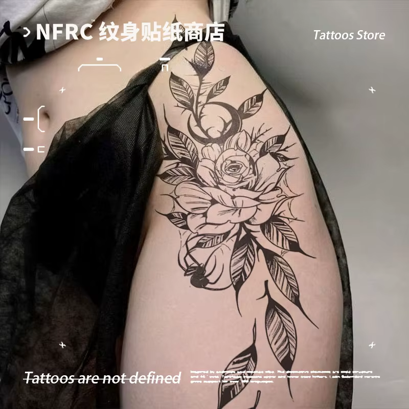 Autocollants de tatouage de jus de plantes de Rose de lune foncée sexy pour femmes hommes, tatouage temporaire de jambe imperméable, faux tatouage corporel, cadeau de charme